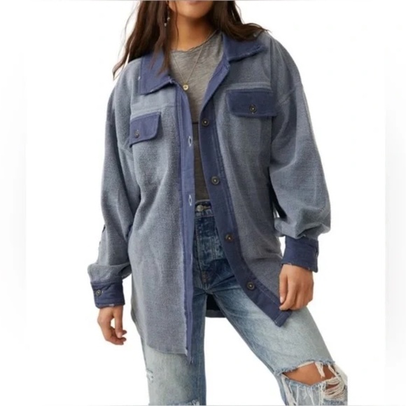 Free People Ruby Shacket Shirt Fleece Jacket Navy/Oceana Blue Size Large EUC - Picture 1 of 6